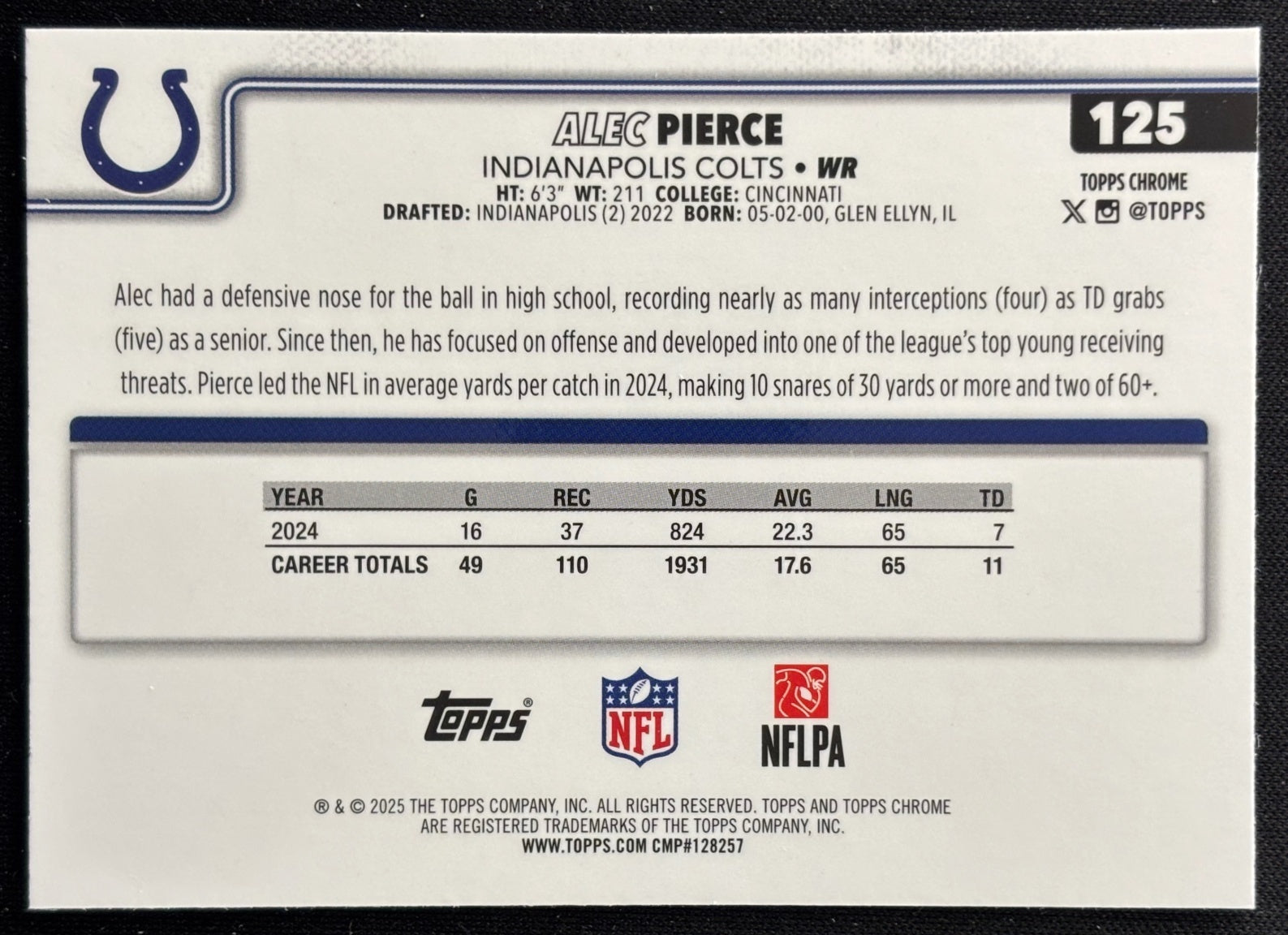 Alec Pierce 2025 Topps Chrome Colts Sports Trading Cards