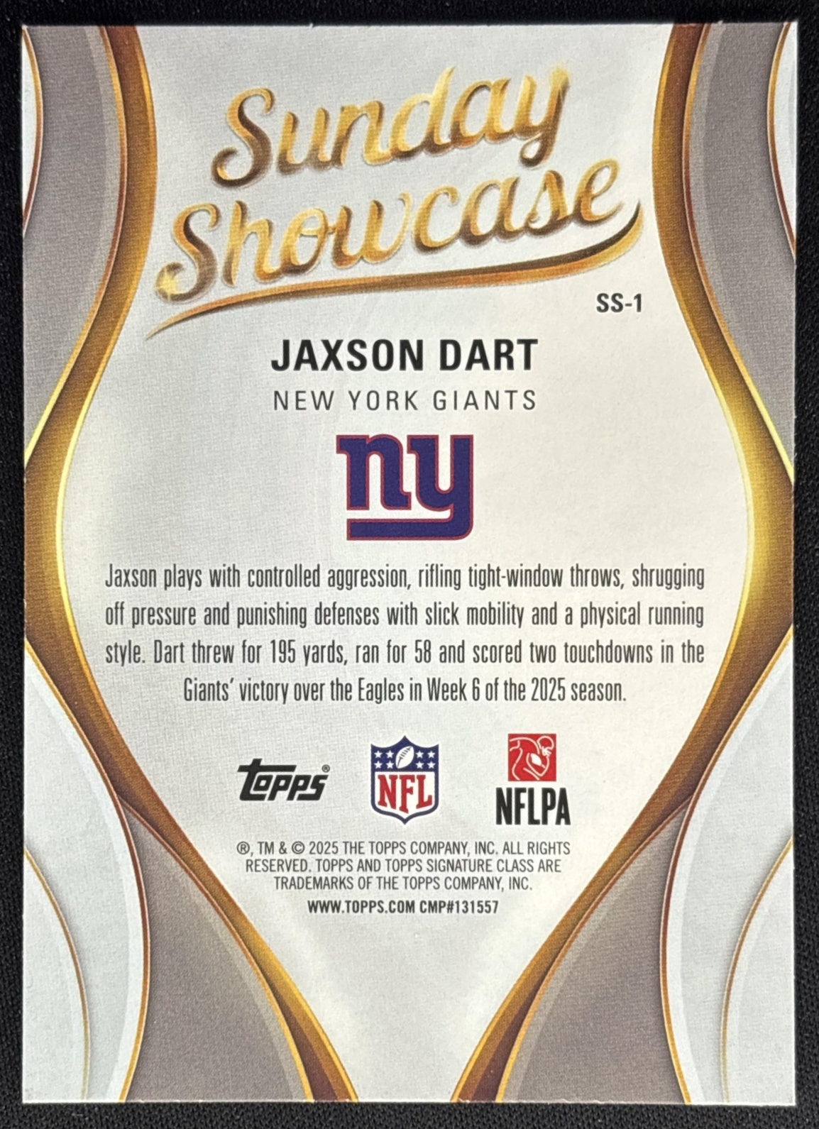 Jaxson Dart 2025 Topps Signature Class Sunday Showcase Giants back