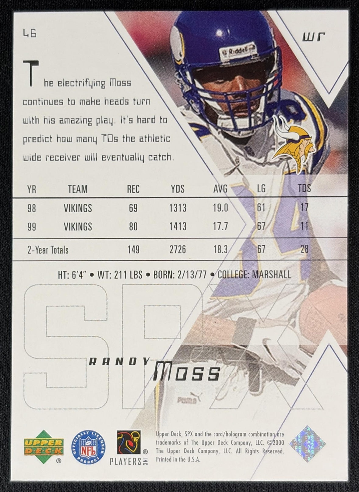 Randy Moss 2000 SPx Vikings back