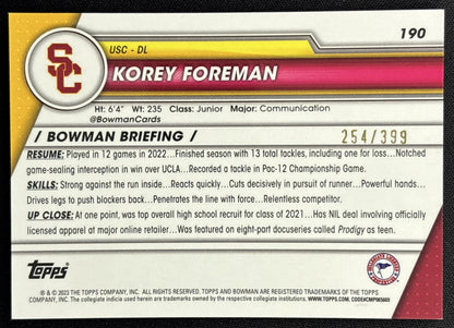 Korey Foreman 2023 Bowman University Chrome Purple Refractor /399 Trojans back
