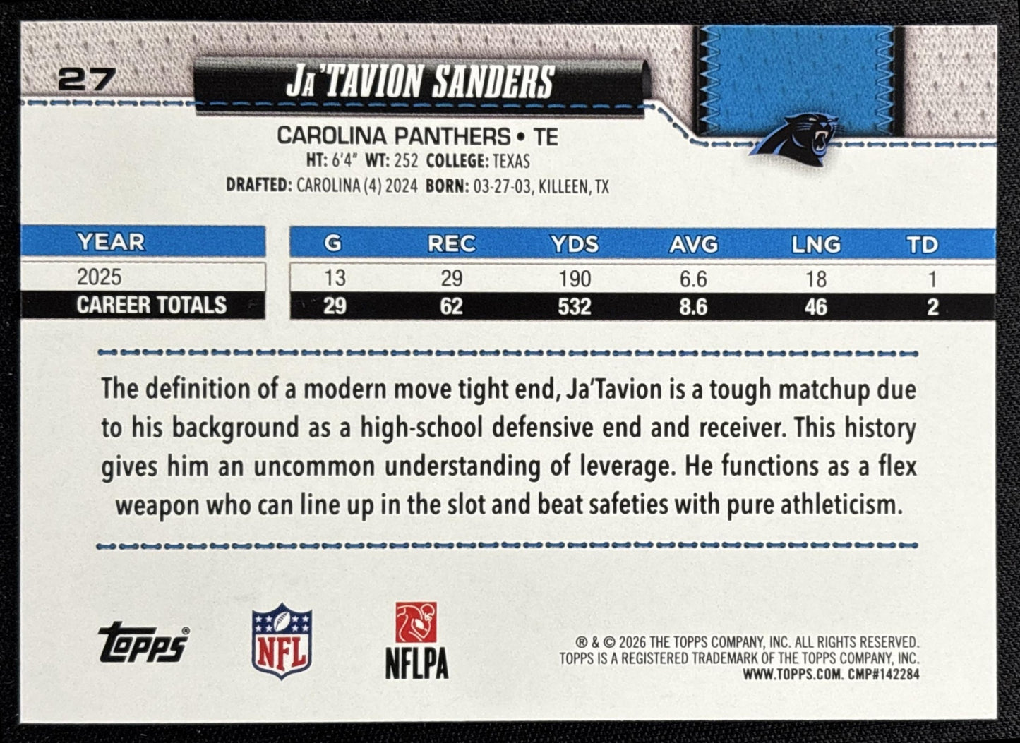 Ja'Tavion Sanders 2026 Topps Pink Holo Foil Panthers