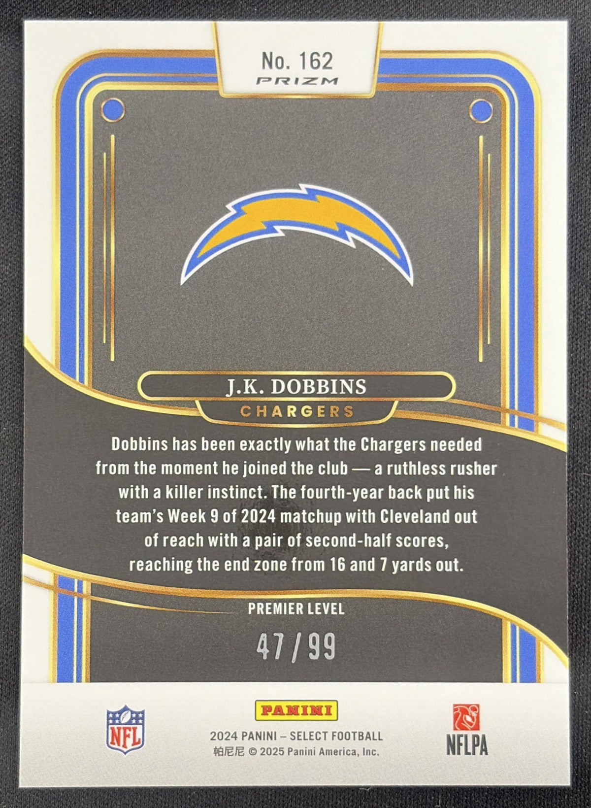 J.K. Dobbins 2024 Panini Select Premier Light Blue Prizm /99 Chargers Sports Trading Card