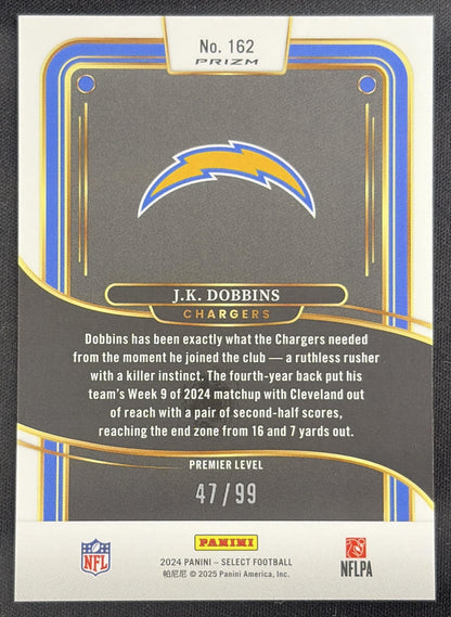 J.K. Dobbins 2024 Panini Select Premier Light Blue Prizm /99 Chargers Sports Trading Card