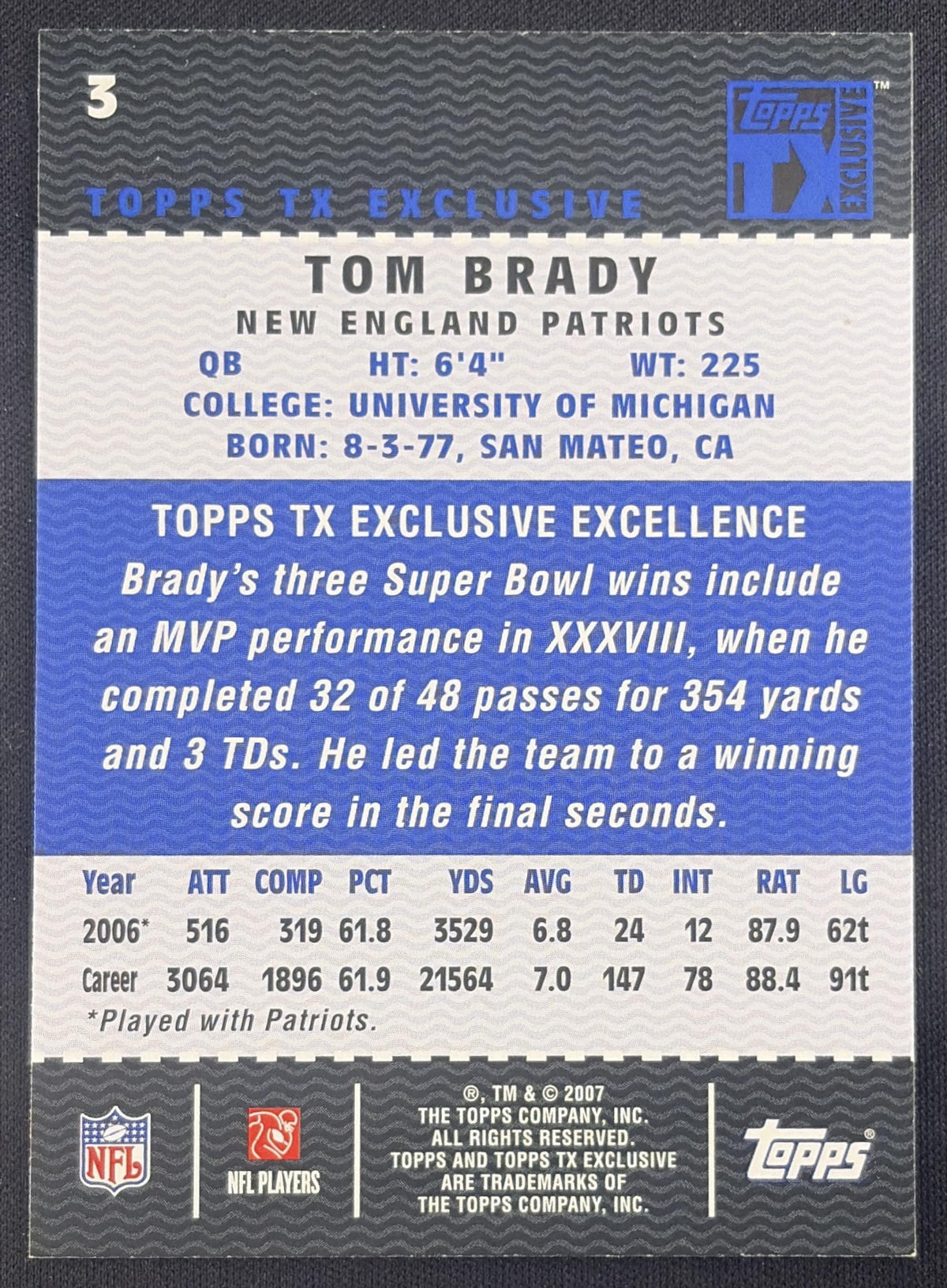 Tom Brady 2007 Topps TX Exclusive Patriots