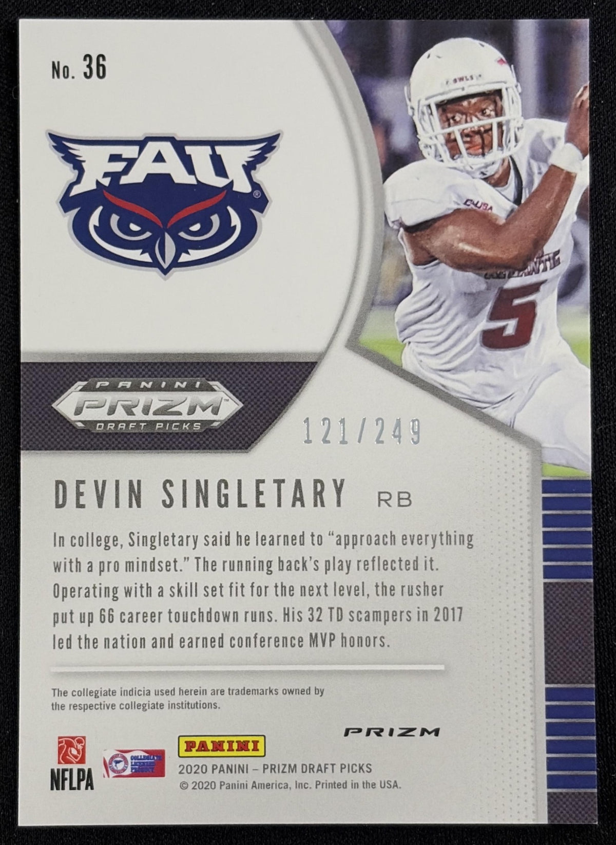 Devin Singletary 2020 Panini Prizm Draft Picks Prizms Green and Yellow /249 - Back