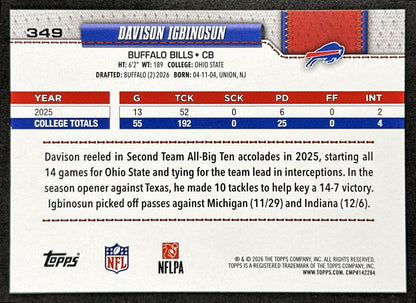 Davison Igbinosun 2026 Topps Flagship Rookie Bills Sports Trading Card
