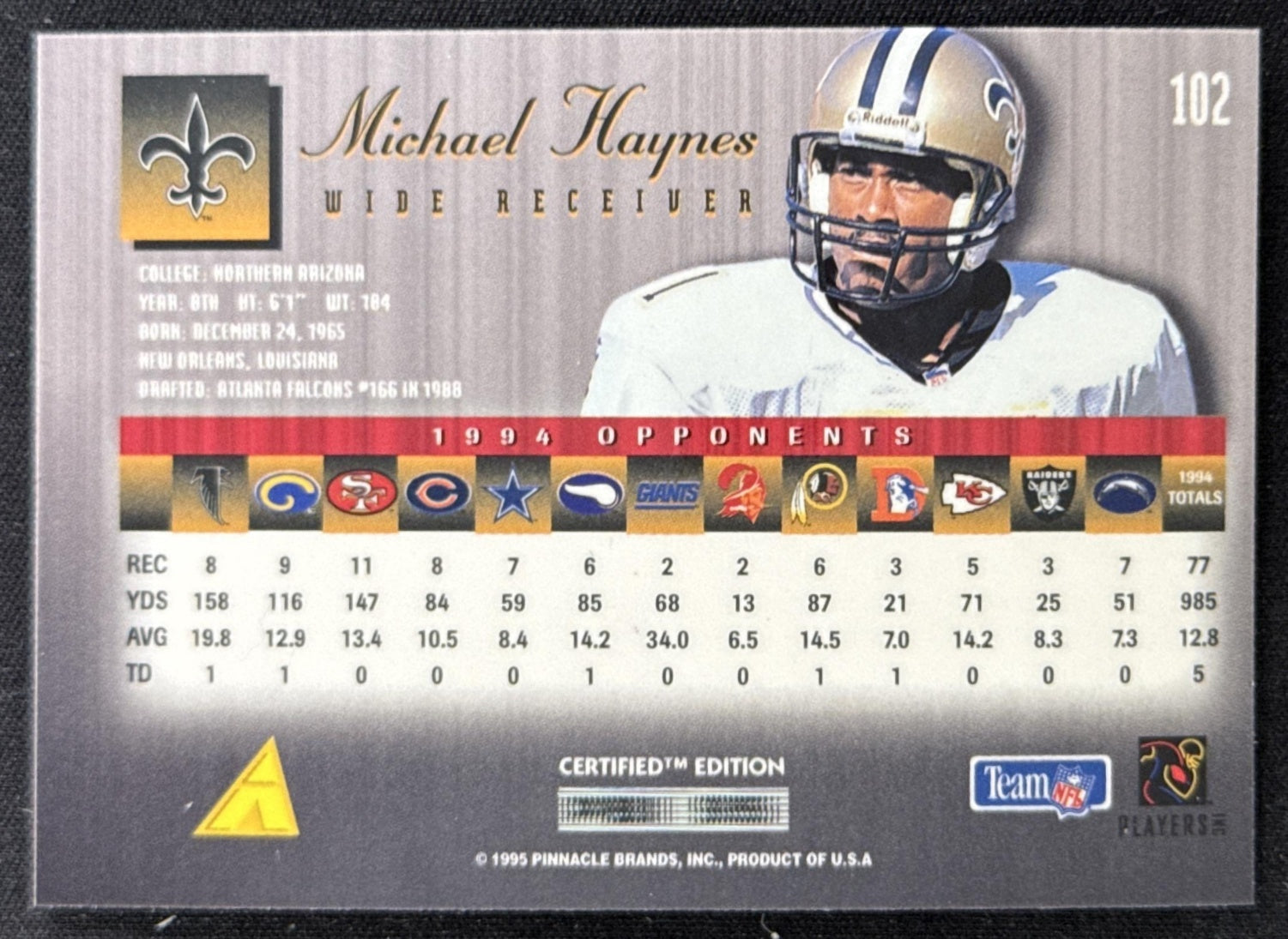 Michael Haynes 1995 Pinnacle Select Certified Saints Sports Trading Card