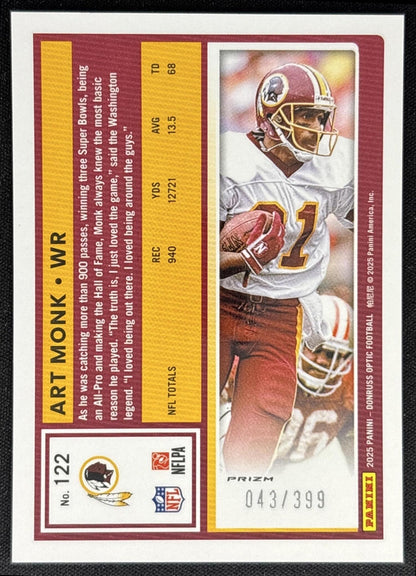 Art Monk 2025 Panini Donruss Optic Neon Blue Prizm /399 Redskins