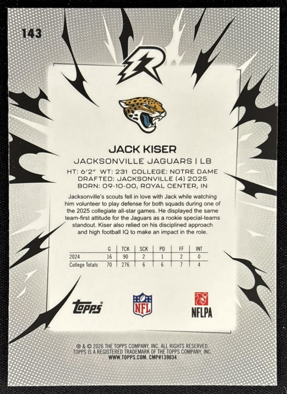 Jack Kiser 2025 Topps Resurgence Blue and Orange Spark Refractor Jaguars