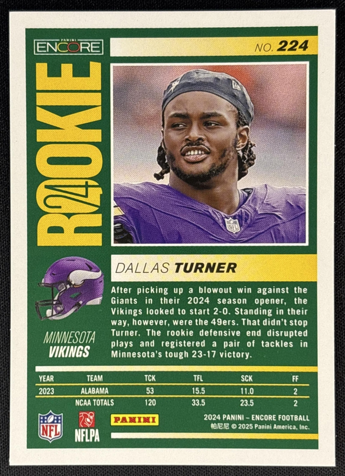 Dallas Turner 2024 Panini Encore Vikings back