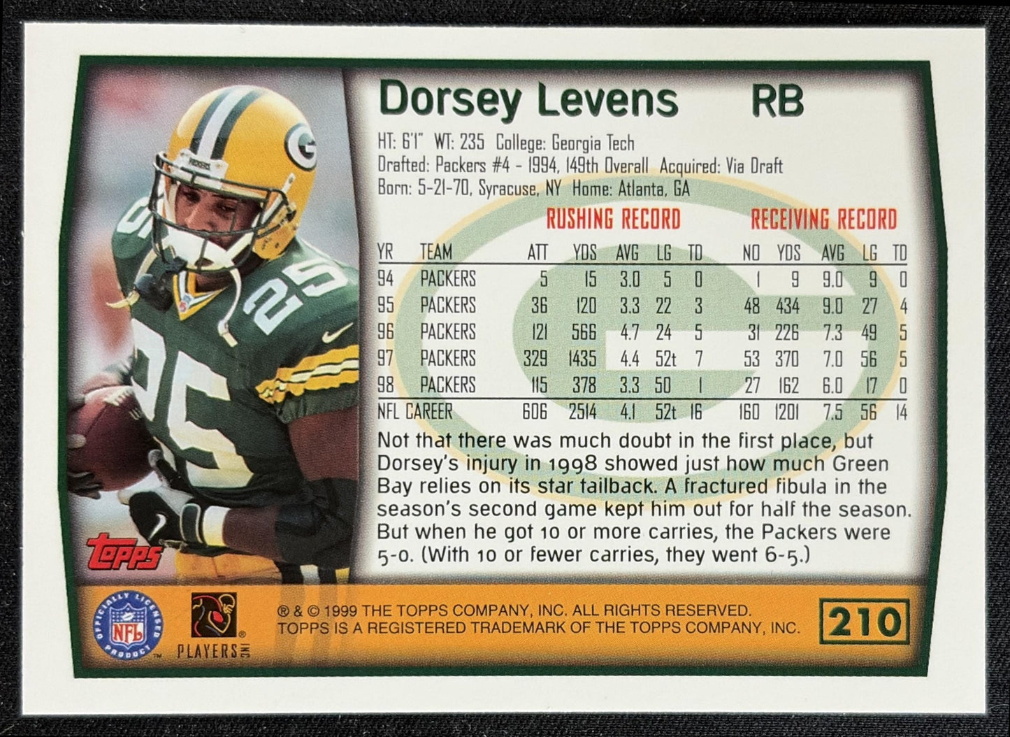 Dorsey Levens 1999 Topps Packers back
