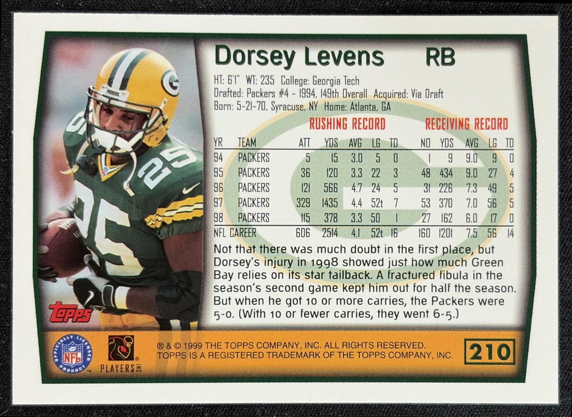 Dorsey Levens 1999 Topps Packers back