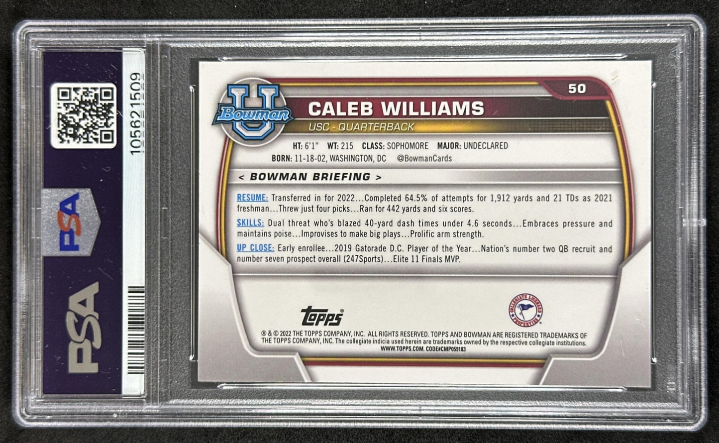 Caleb Williams 2022 Bowman University Chrome Pink Refractor PSA 10