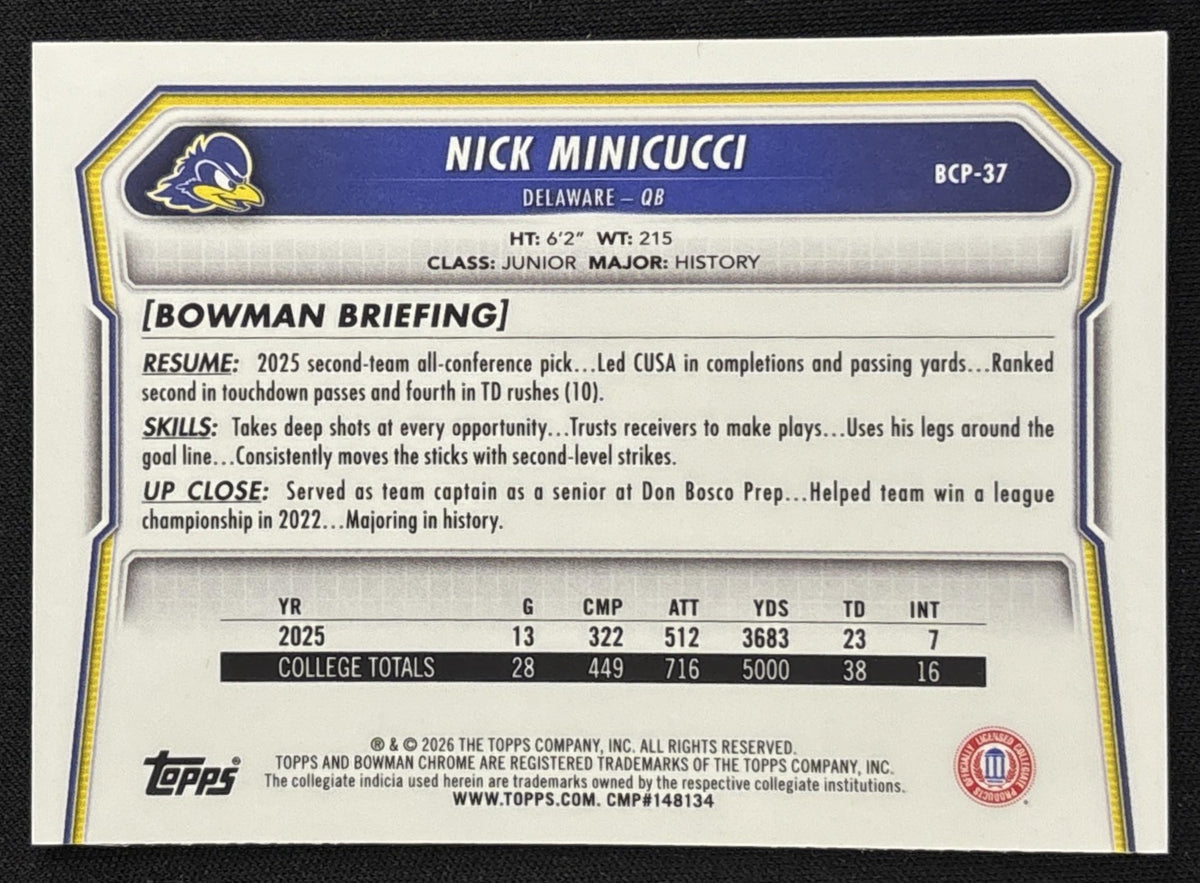 Nick Minicucci 2026 Bowman Chrome Prospects Yellow Mojo Refractor /275 Blue Hens - Back
