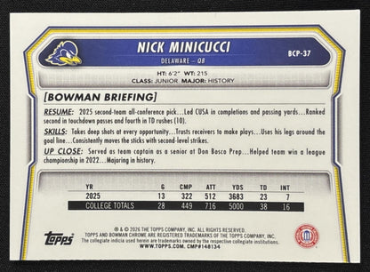 Nick Minicucci 2026 Bowman Chrome Prospects Yellow Mojo Refractor /275 Blue Hens - Back