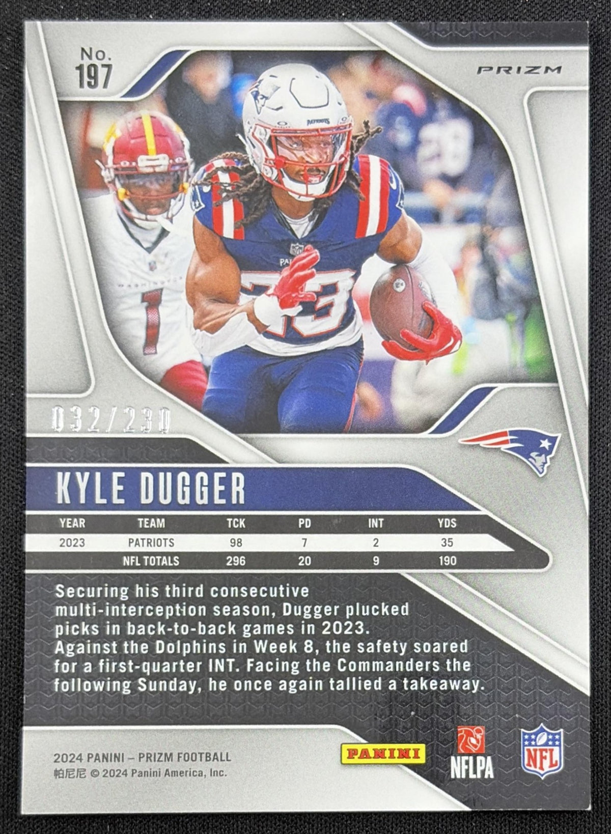 Kyle Dugger 2024 Panini Prizm Blue Wave /230 Patriots back