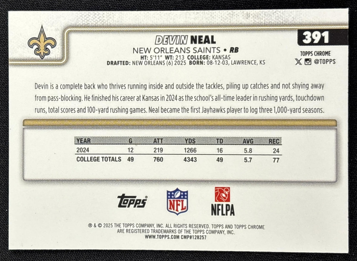 Devin Neal 2025 Topps Chrome Rookie RayWave Refractor Saints New Orleans Saints
