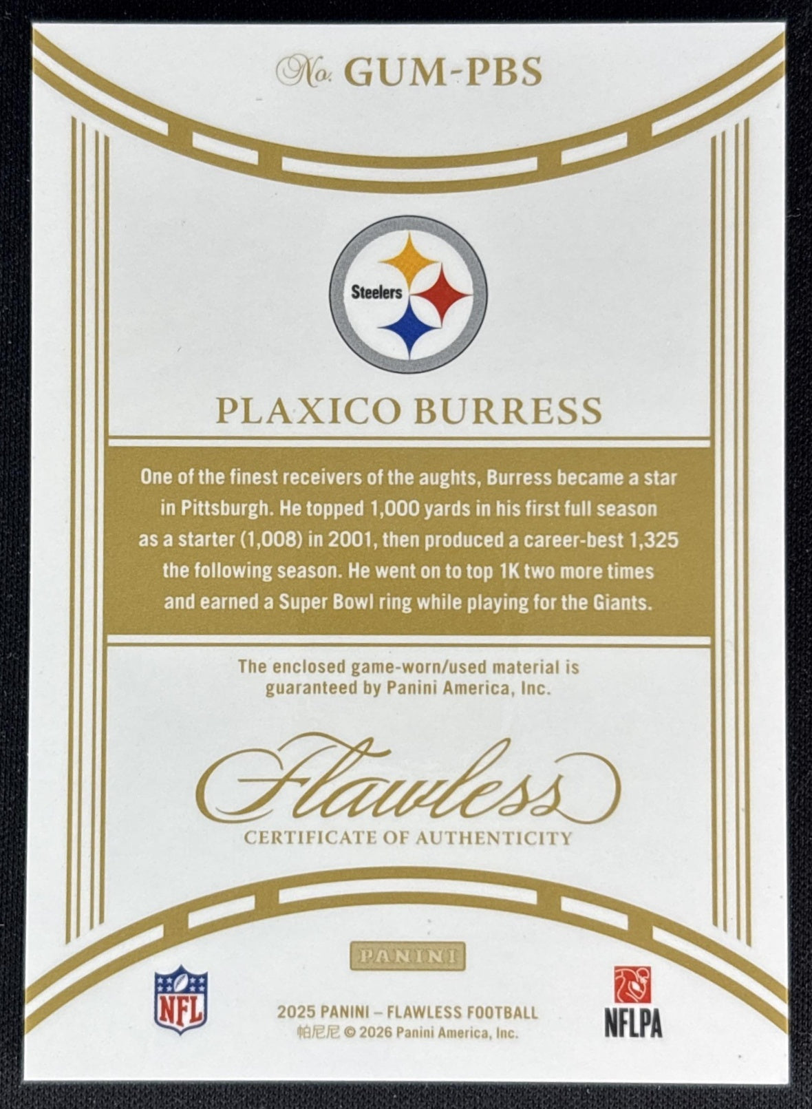 Plaxico Burress 2025 Panini Flawless Game Used Memorabilia Sapphire /15 Steelers back
