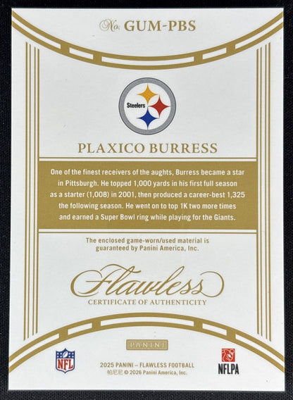 Plaxico Burress 2025 Panini Flawless Game Used Memorabilia Sapphire /15 Steelers back