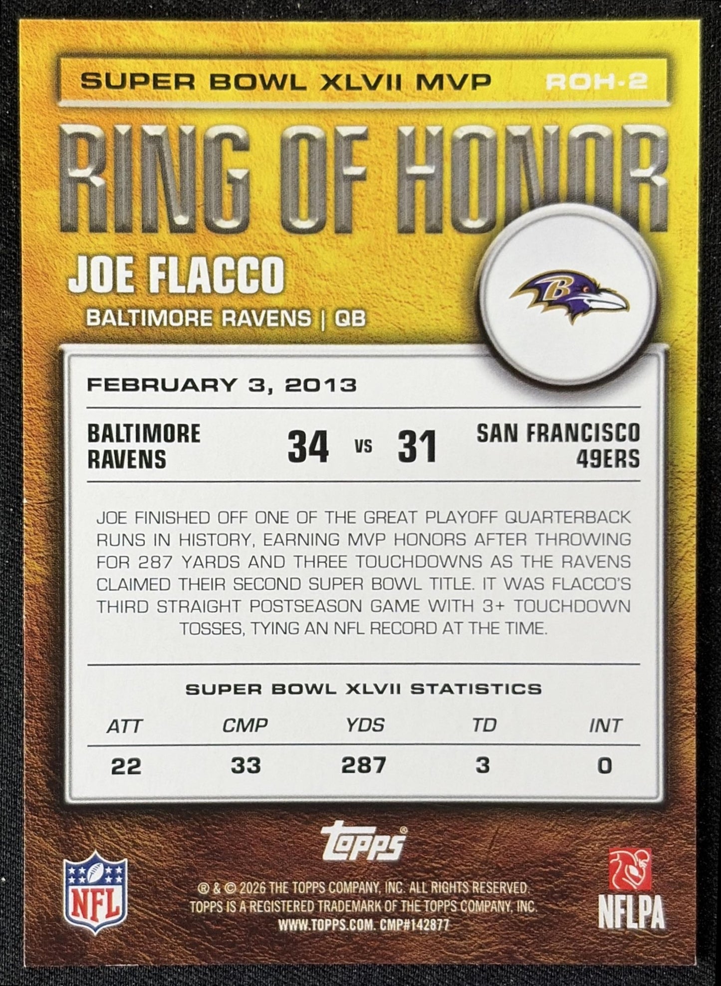 Joe Flacco 2026 Topps Ring of Honor Ravens back