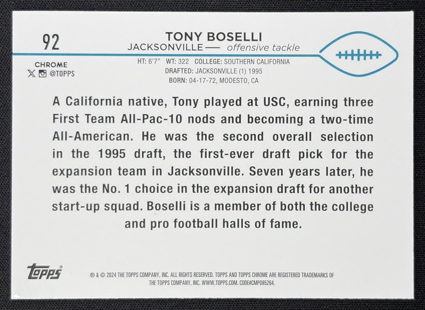 Tony Boselli 2024 Topps Chrome Purple Speckle Refractor /275 Jaguars