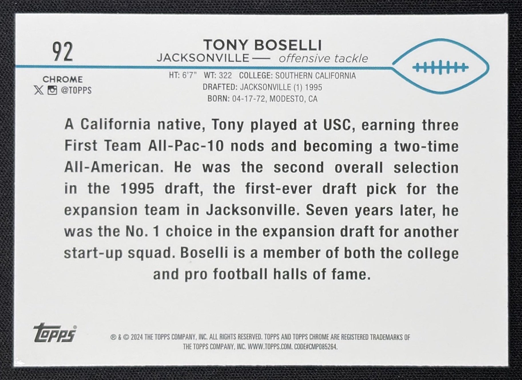 Tony Boselli 2024 Topps Chrome Purple Speckle Refractor /275 Jaguars