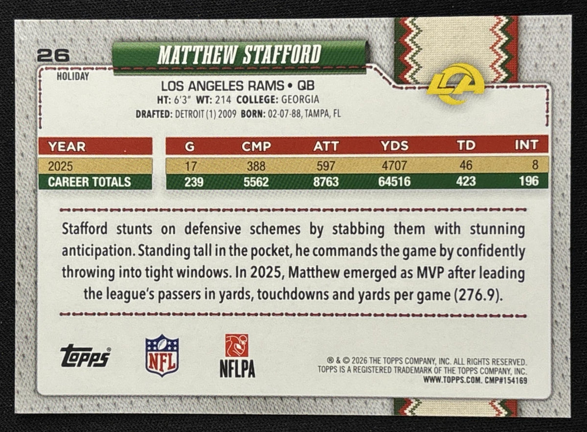 Matthew Stafford 2026 Topps Holiday Back Variation Rams Sports Trading Card