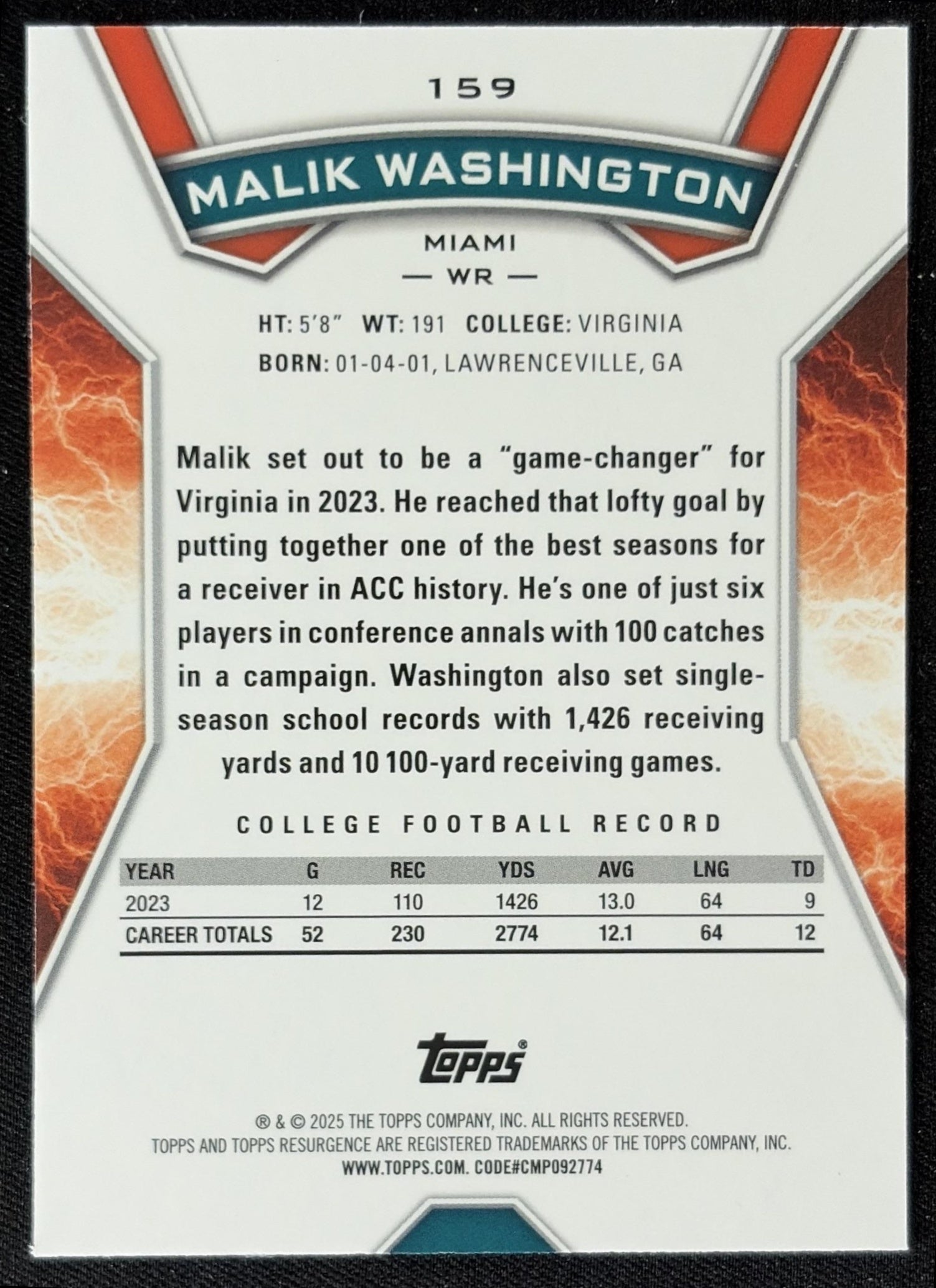 Malik Washington 2024 Topps Resurgence Crimson Surge /199 Dolphins