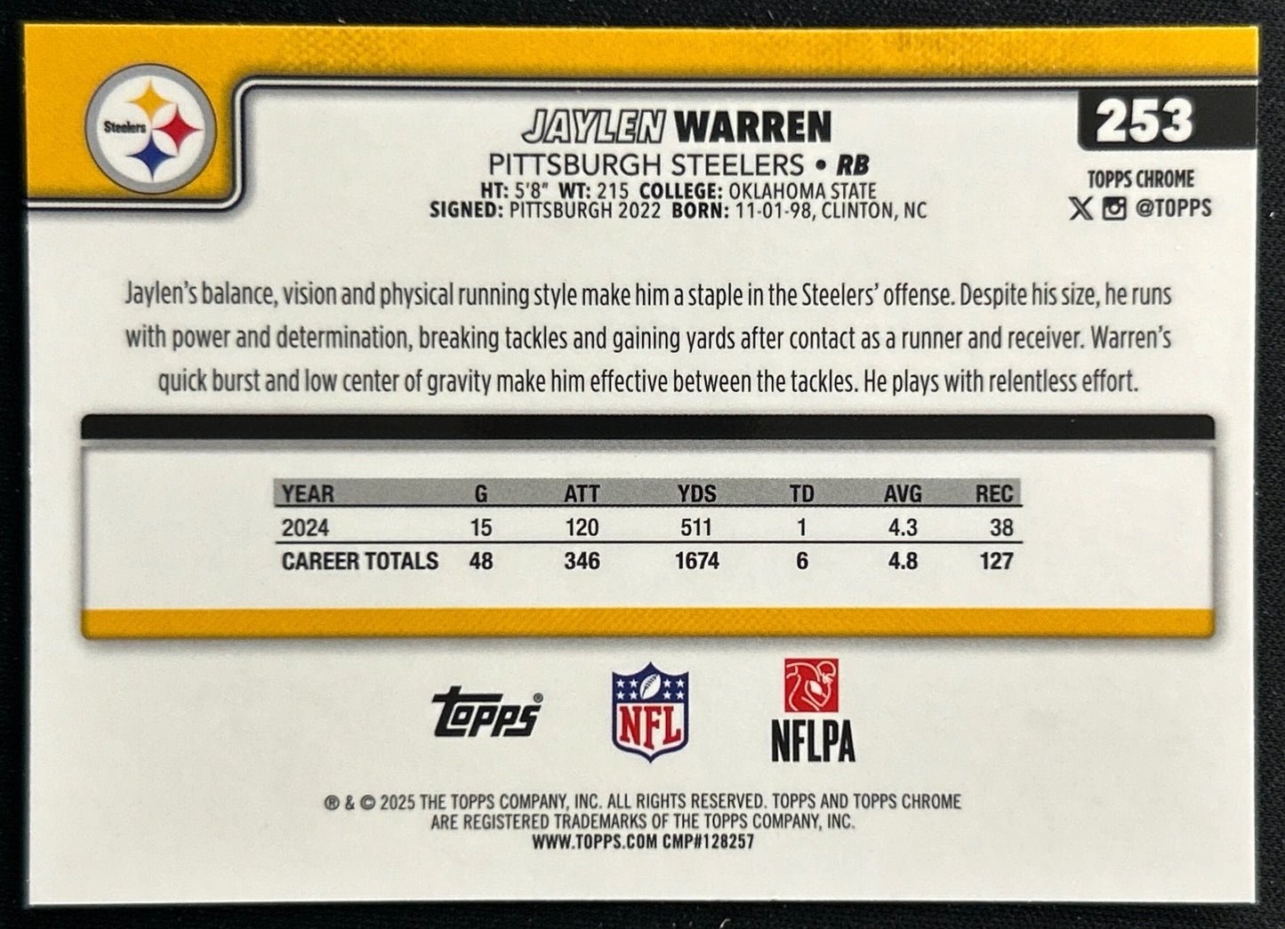 Jaylen Warren 2025 Topps Chrome Steelers Sports Trading Cards