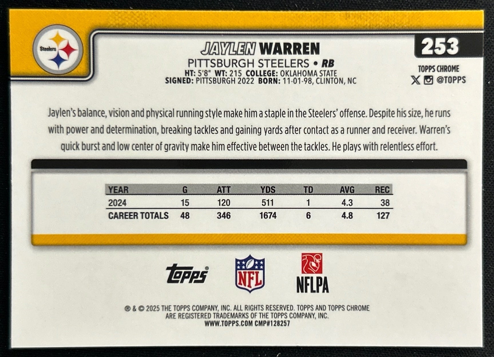 Jaylen Warren 2025 Topps Chrome Steelers Sports Trading Cards