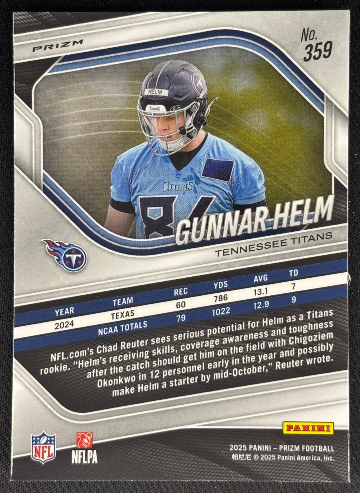 Gunnar Helm 2025 Prizm Silver Titans Sports Trading Card