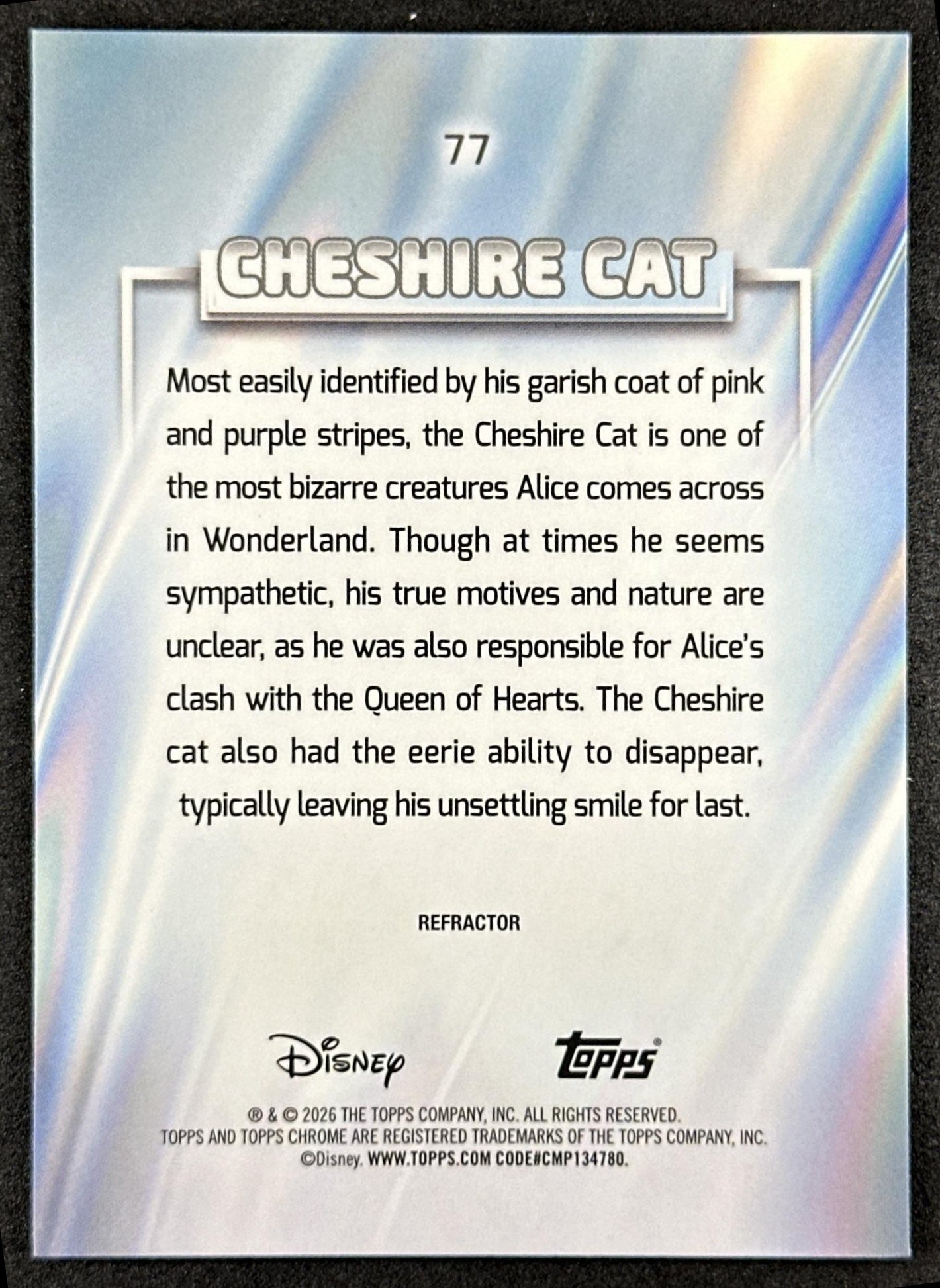 Cheshire Cat 2026 Topps Chrome Disney Refractor Alice in Wonderland Back
