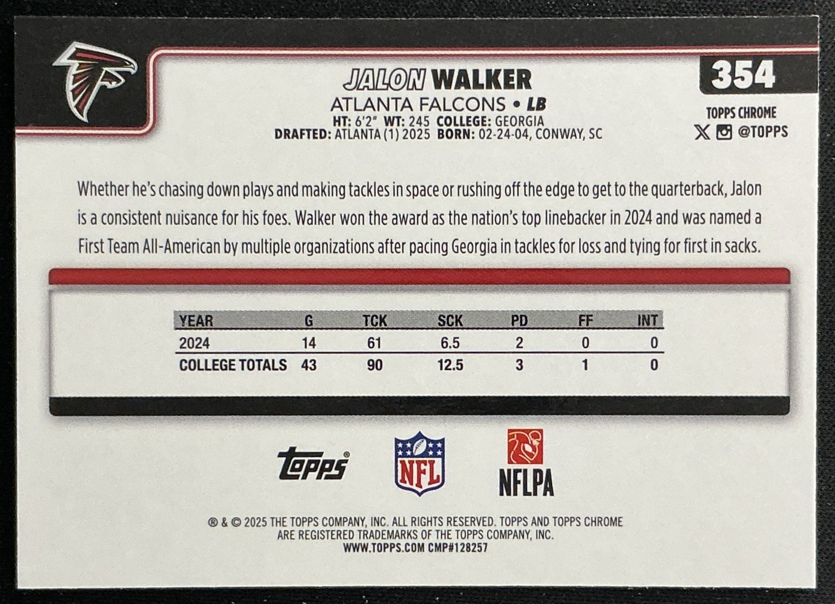 Jalon Walker 2025 Topps Chrome Rookie Falcons Sports Trading Cards