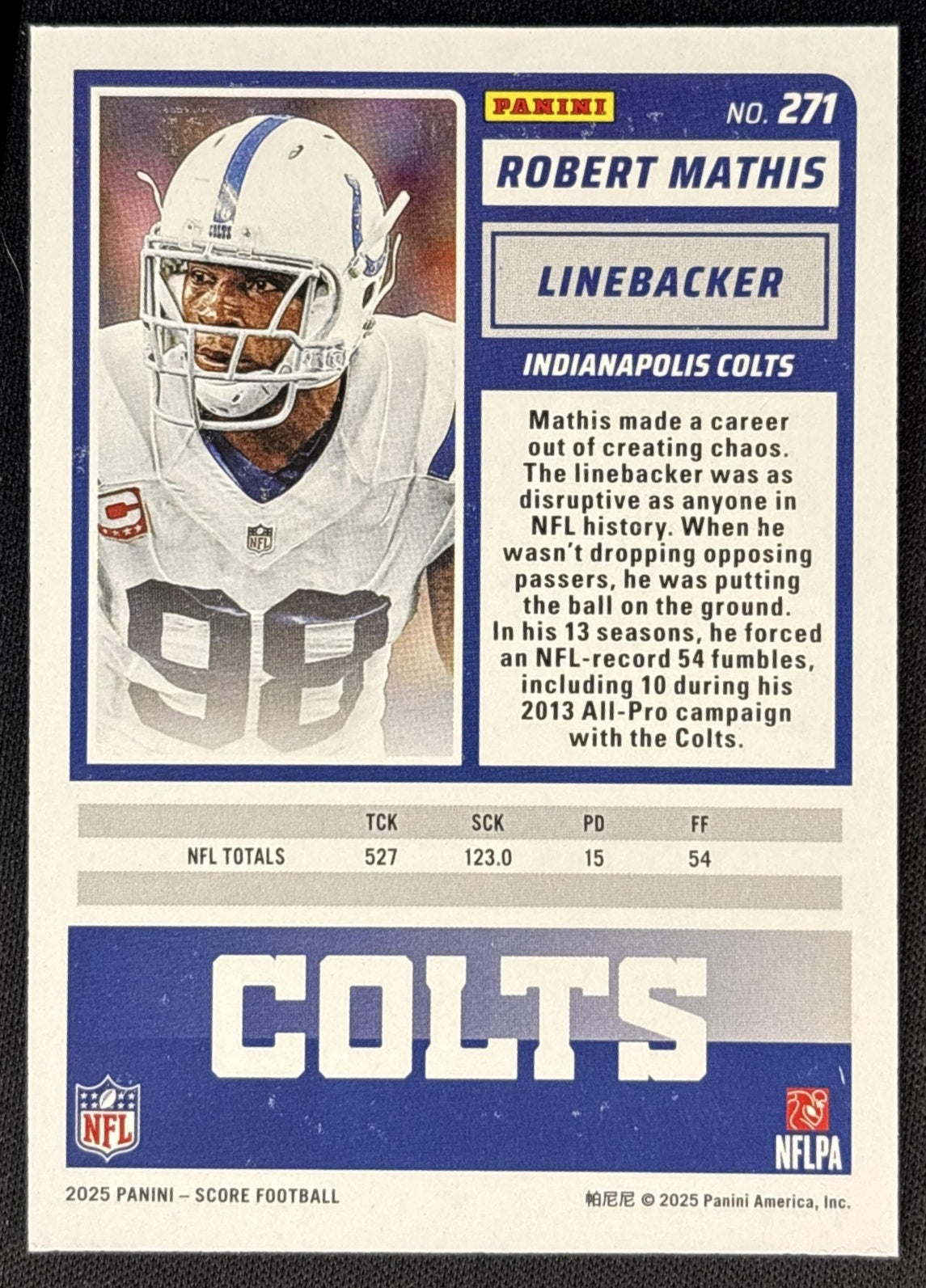 Robert Mathis 2025 Panini Score Ellipse /399 Colts back