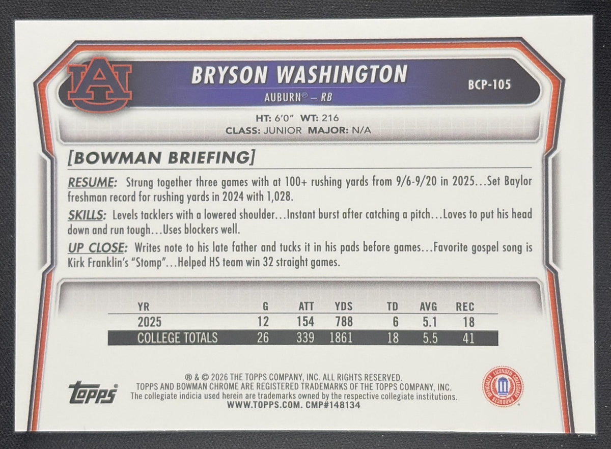 Bryson Washington 2026 Bowman Chrome Prospects Mojo Refractor Tigers Auburn Tigers Sports Trading Card