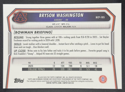Bryson Washington 2026 Bowman Chrome Prospects Mojo Refractor Tigers Auburn Tigers Sports Trading Card