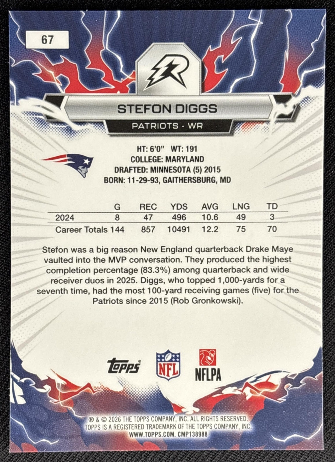 Stefon Diggs 2025 Topps Resurgence Blue and Orange Spark Refractor Patriots