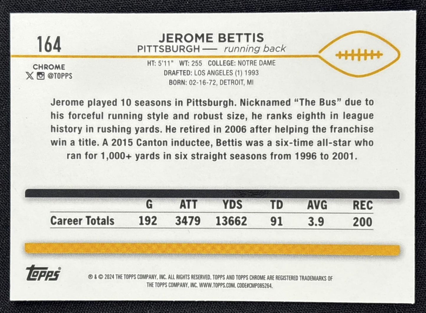 Jerome Bettis 2024 Topps Chrome Purple Speckle Refractor /275 Steelers
