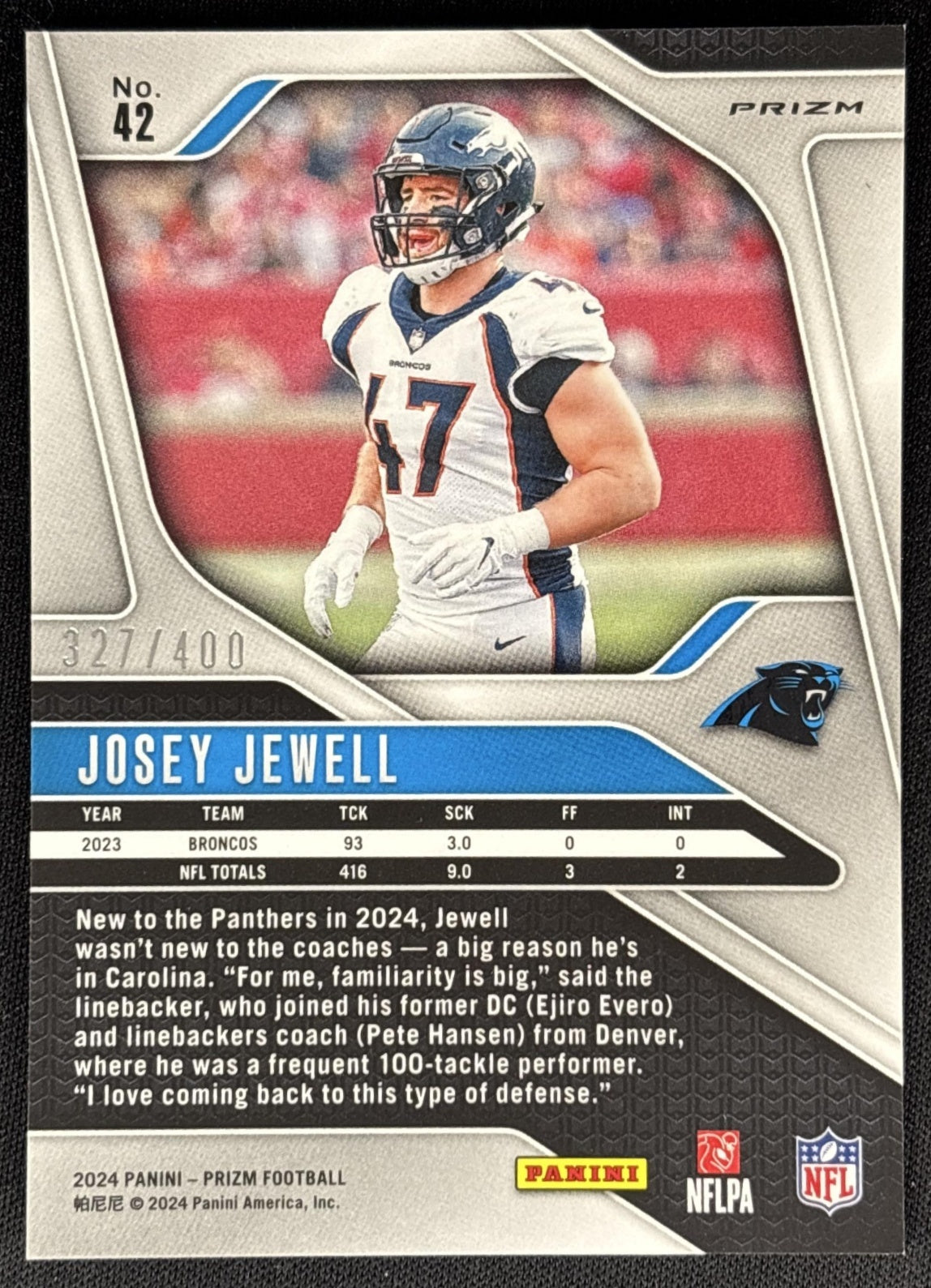 Josey Jewell 2024 Panini Prizm Pandora /400 Panthers Sports Trading Card