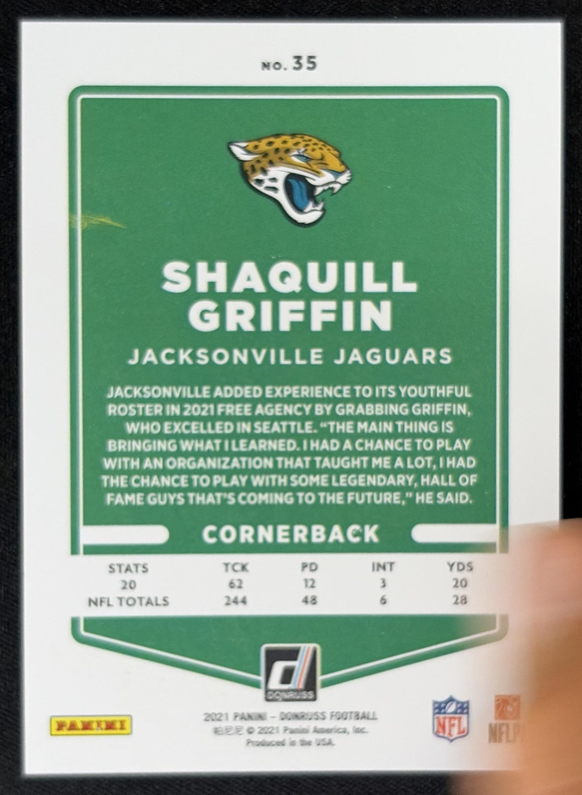 Shaquill Griffin 2021 Panini Donruss Press Proof Premium Jaguars Sports Trading Card