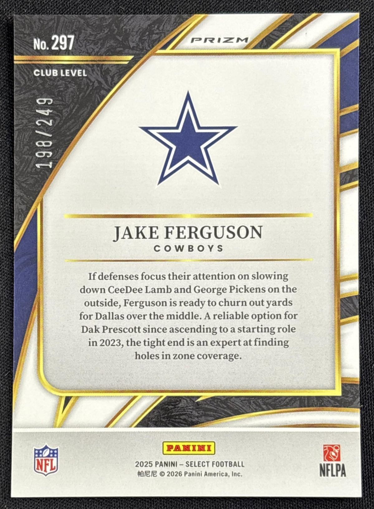Jake Ferguson 2025 Panini Select Club Level Tri-Color Prizm /249 Cowboys