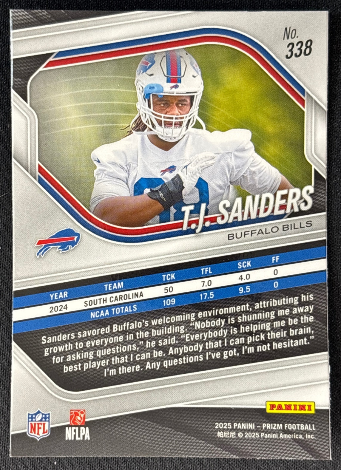 T.J. TJ Sanders 2025 Prizm Bills Sports Trading Card