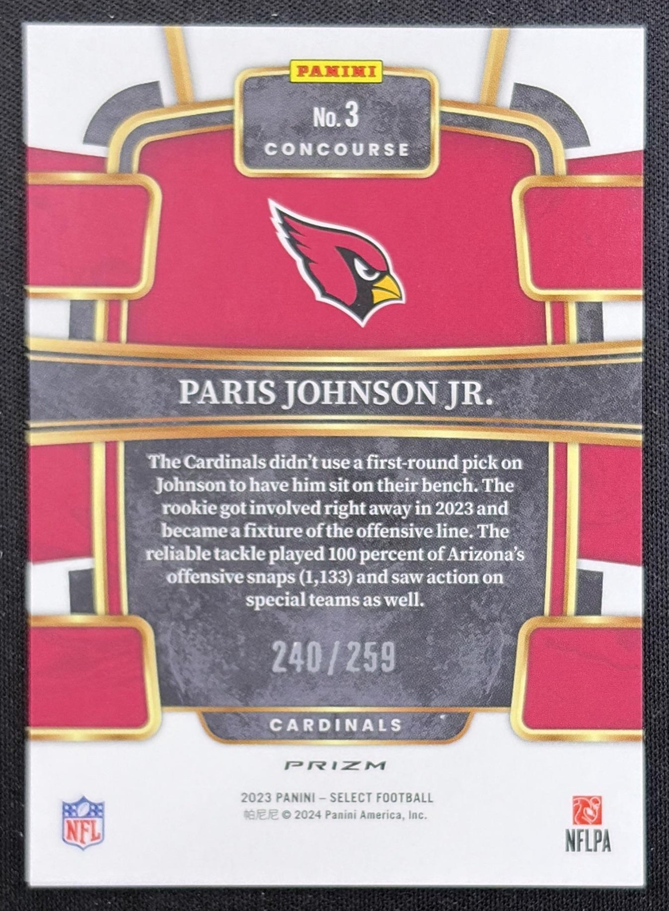 Paris Johnson Jr. 2023 Panini Select Tri Color Prizms /259 Cardinals back