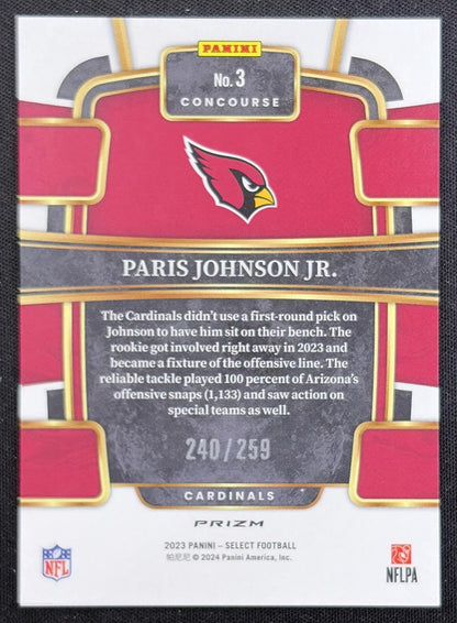 Paris Johnson Jr. 2023 Panini Select Tri Color Prizms /259 Cardinals back