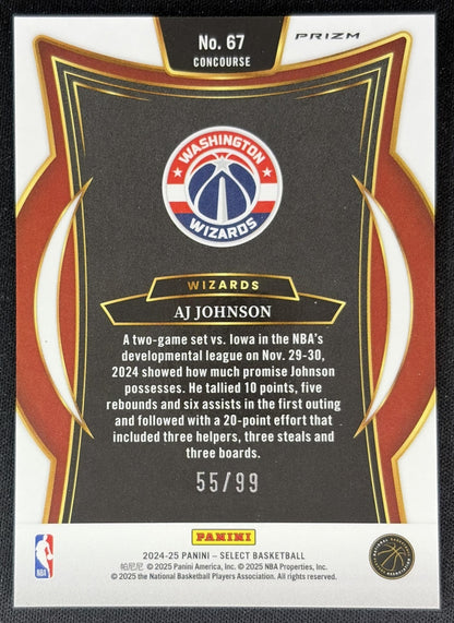 AJ Johnson 2024 Panini Select Concourse Blue Tectonic Prizm /99 Wizards back