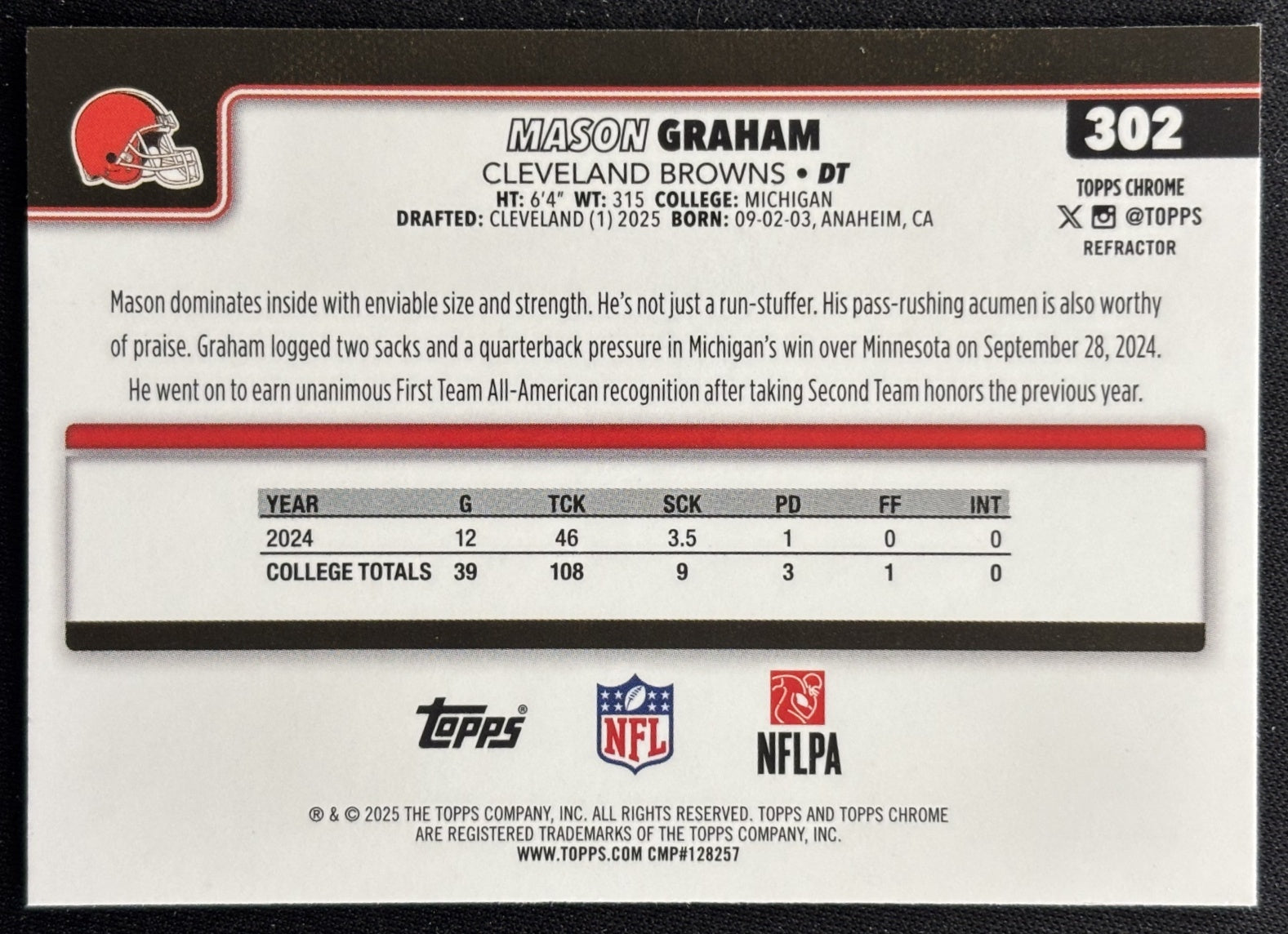 Mason Graham 2025 Topps Chrome Rookie Refractor Browns Sports Trading Cards