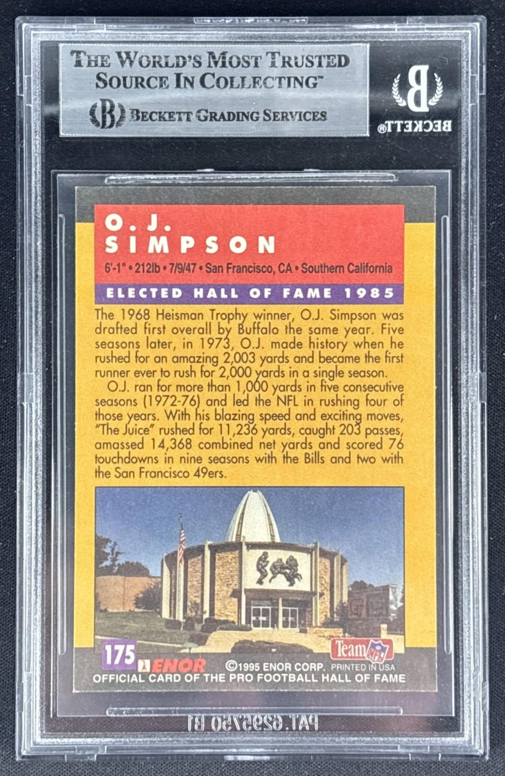 O.J. Simpson 1995 Enor Pro Football HOF Auto BGS Authentic Bills Sports Trading Cards
