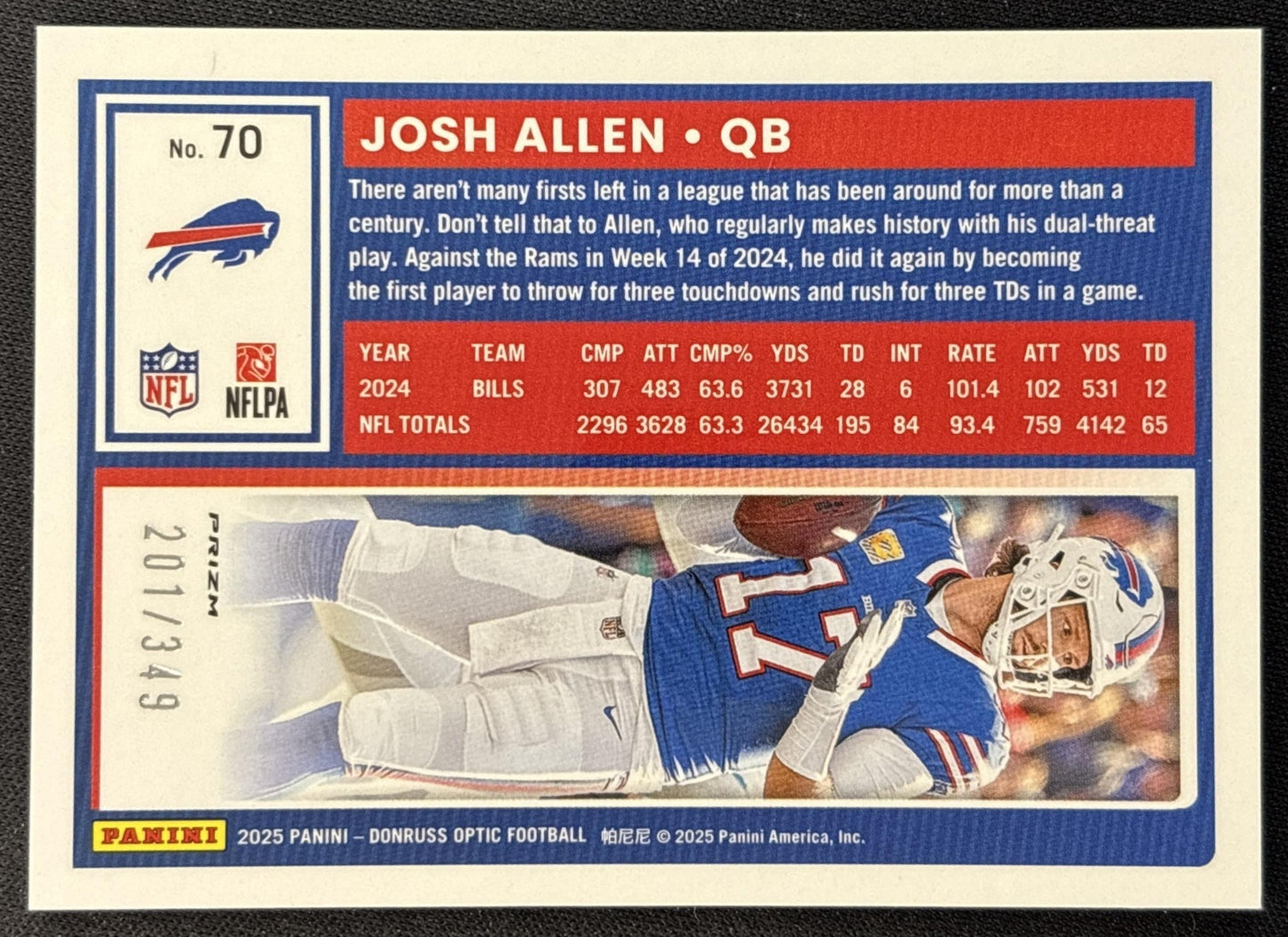 Josh Allen 2025 Panini Donruss Optic Aqua Prizm /349 Bills back