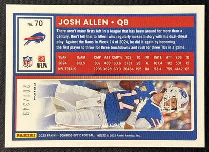 Josh Allen 2025 Panini Donruss Optic Aqua Prizm /349 Bills back