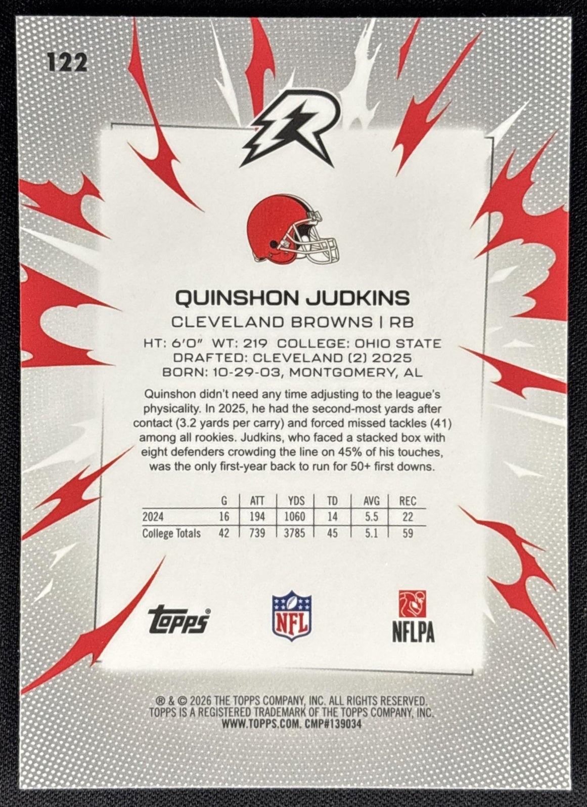 Quinshon Judkins 2025 Topps Resurgence Blue and Orange Spark Refractor Browns